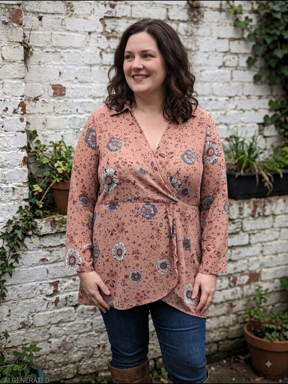 Addition Elle Womens Dusty Rose Floral Faux Wrap Tunic Top Autumnal